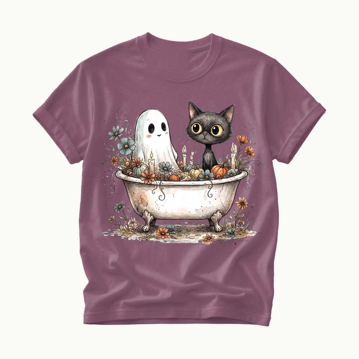 Ghost and Cat Bathtub Shirt | Funny Halloween T-Shirt | Whimsical Spooky Bath Tee