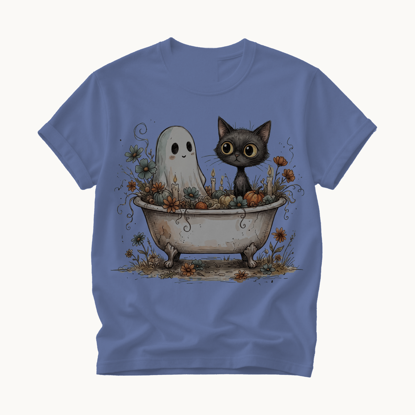 Ghost and Cat Bathtub Shirt | Funny Halloween T-Shirt | Whimsical Spooky Bath Tee