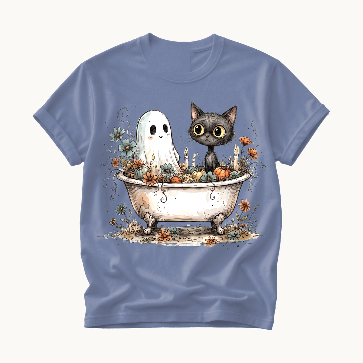 Ghost and Cat Bathtub Shirt | Funny Halloween T-Shirt | Whimsical Spooky Bath Tee