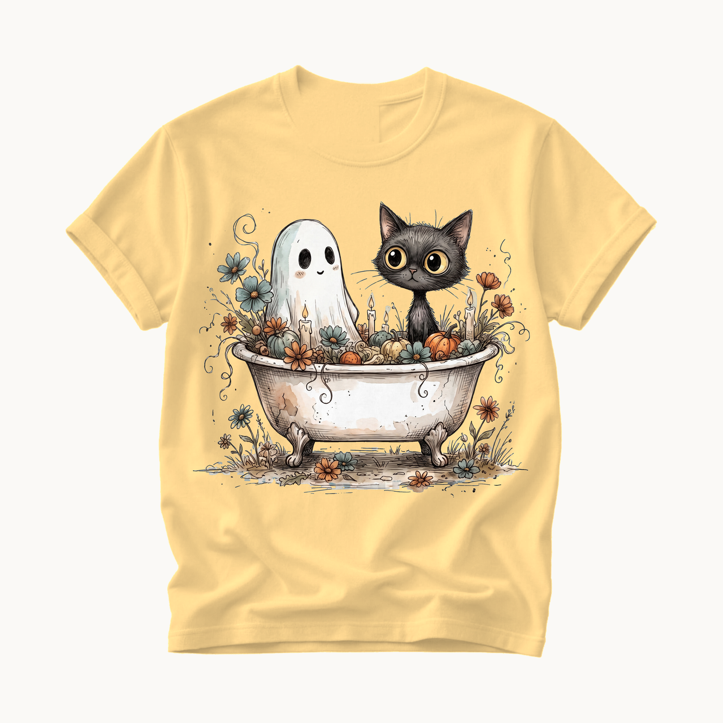 Ghost and Cat Bathtub Shirt | Funny Halloween T-Shirt | Whimsical Spooky Bath Tee