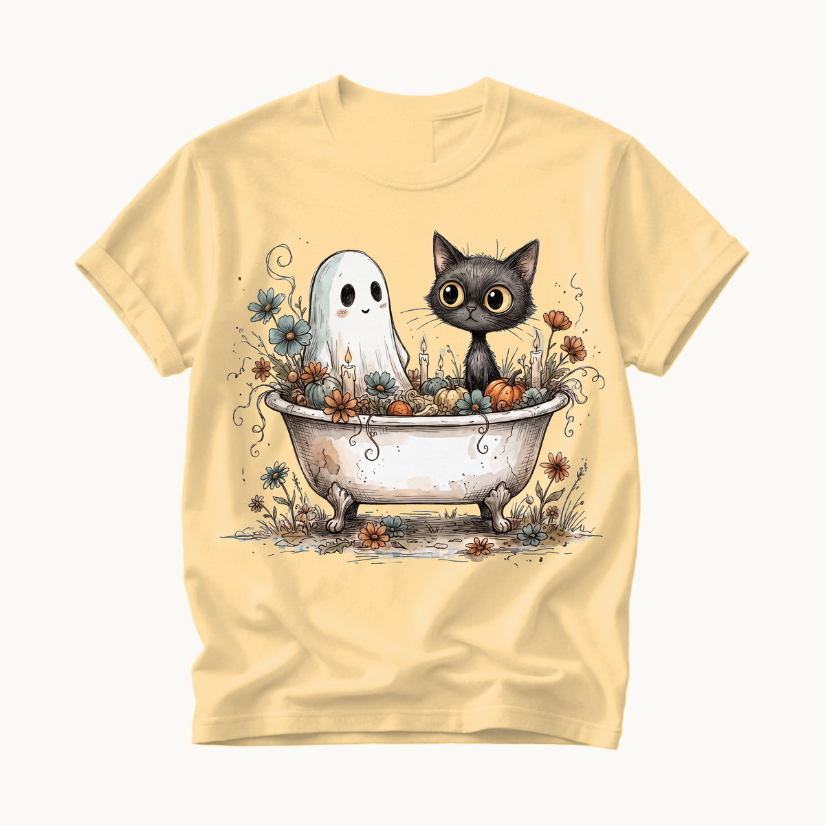 Ghost and Cat Bathtub Shirt | Funny Halloween T-Shirt | Whimsical Spooky Bath Tee