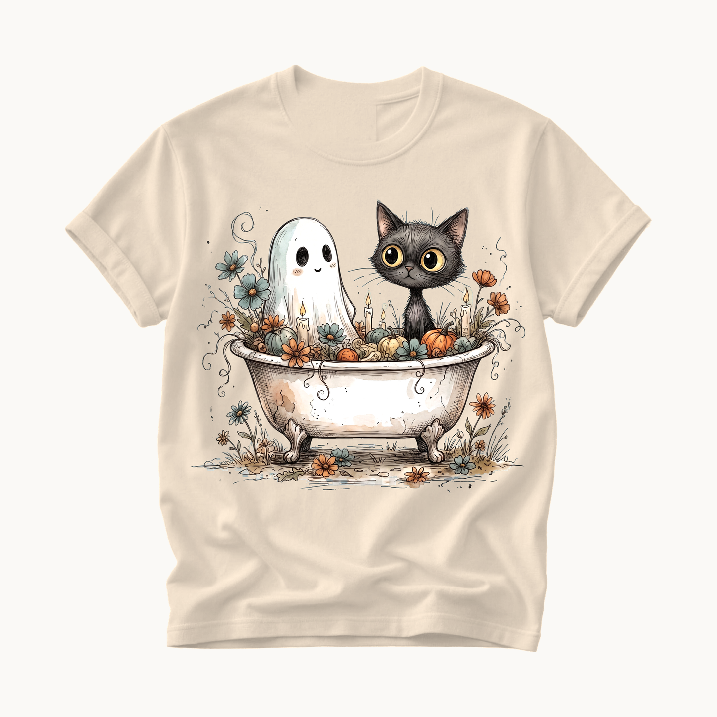 Ghost and Cat Bathtub Shirt | Funny Halloween T-Shirt | Whimsical Spooky Bath Tee