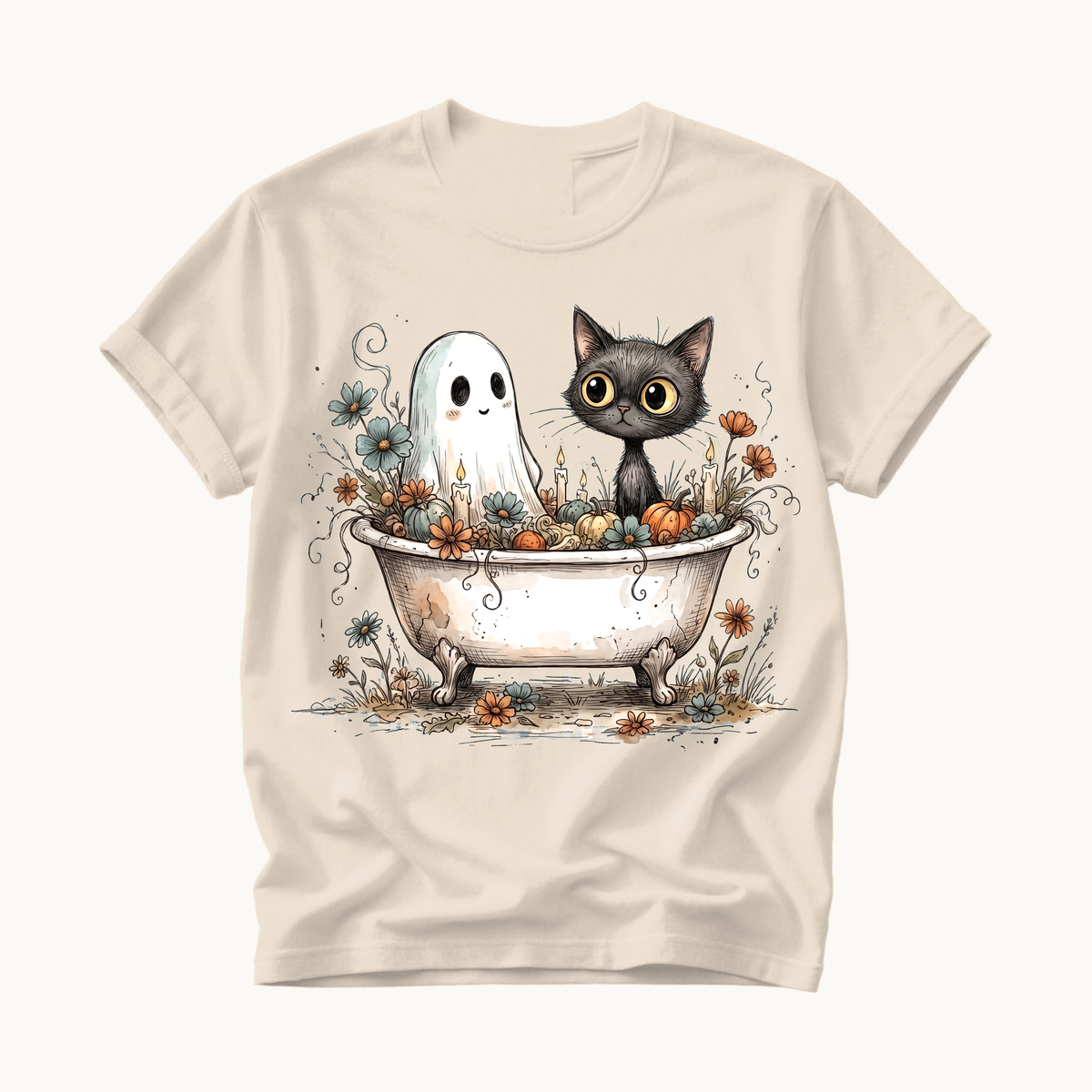 Ghost and Cat Bathtub Shirt | Funny Halloween T-Shirt | Whimsical Spooky Bath Tee