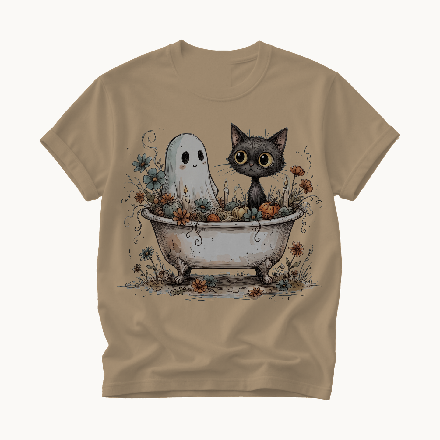 Ghost and Cat Bathtub Shirt | Funny Halloween T-Shirt | Whimsical Spooky Bath Tee
