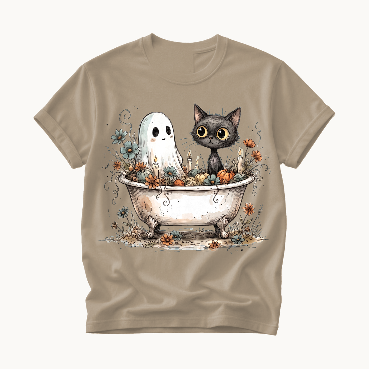 Ghost and Cat Bathtub Shirt | Funny Halloween T-Shirt | Whimsical Spooky Bath Tee