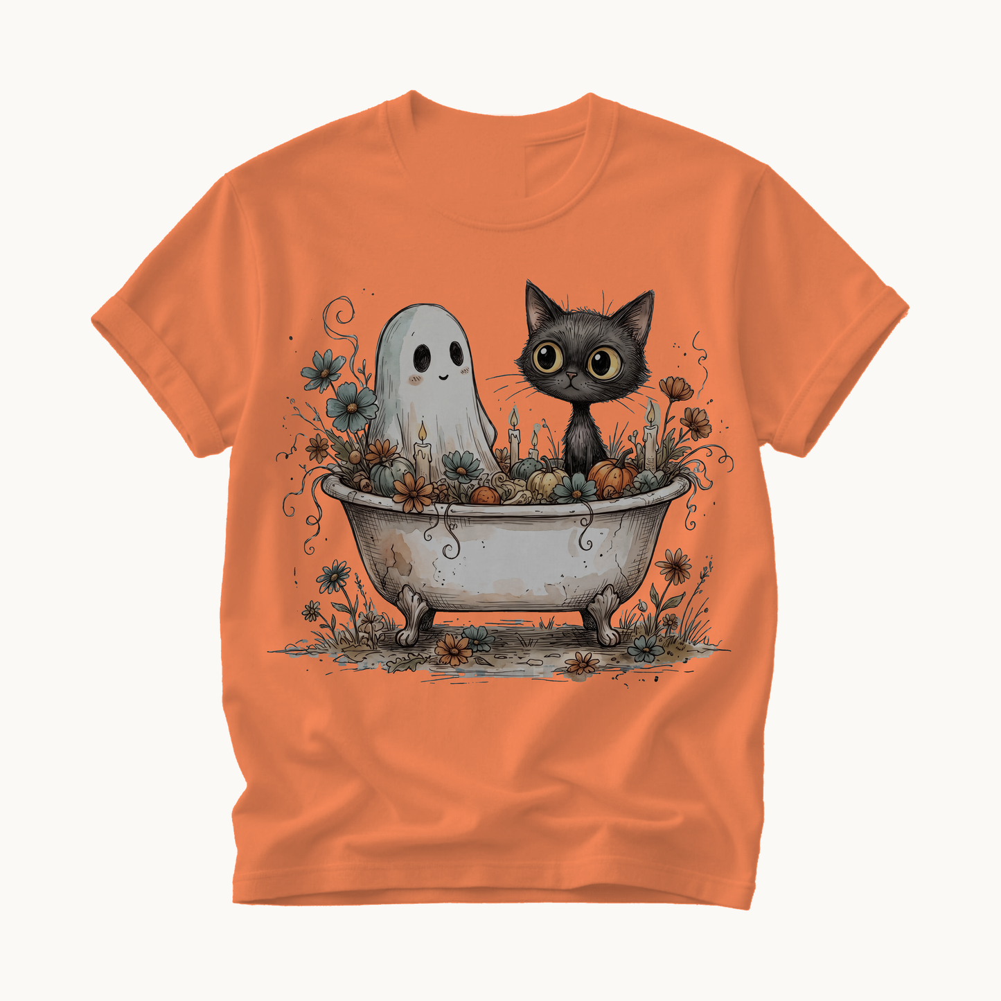 Ghost and Cat Bathtub Shirt | Funny Halloween T-Shirt | Whimsical Spooky Bath Tee