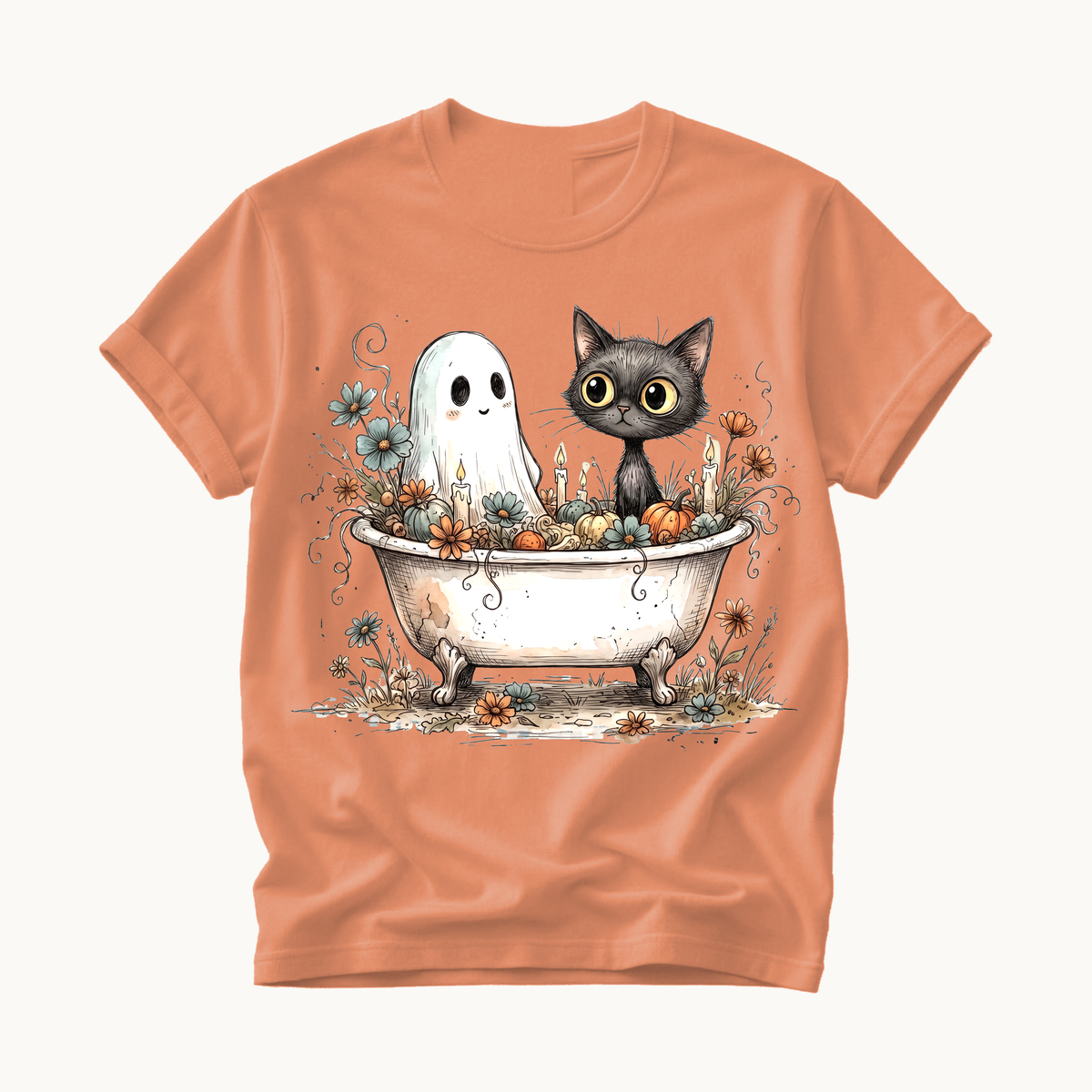 Ghost and Cat Bathtub Shirt | Funny Halloween T-Shirt | Whimsical Spooky Bath Tee