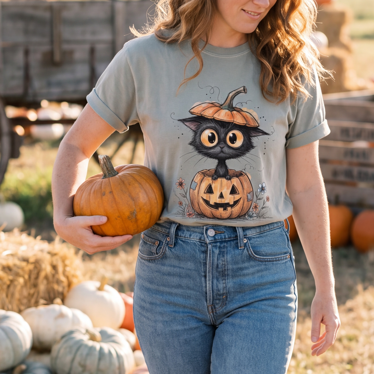 Cat in Pumpkin Shirt | Funny Halloween T-Shirt | Black Cat Jack-o-Lantern Tee