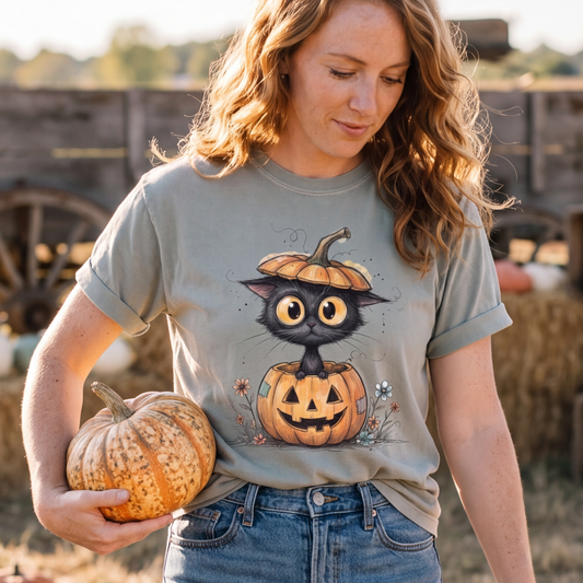 Cat in Pumpkin Shirt | Funny Halloween T-Shirt | Black Cat Jack-o-Lantern Tee
