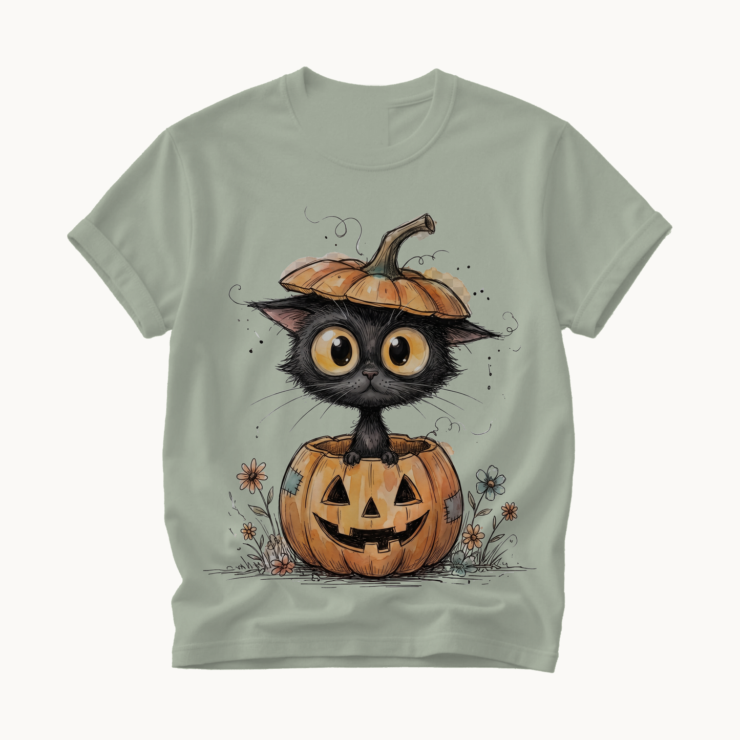 Cat in Pumpkin Shirt | Funny Halloween T-Shirt | Black Cat Jack-o-Lantern Tee