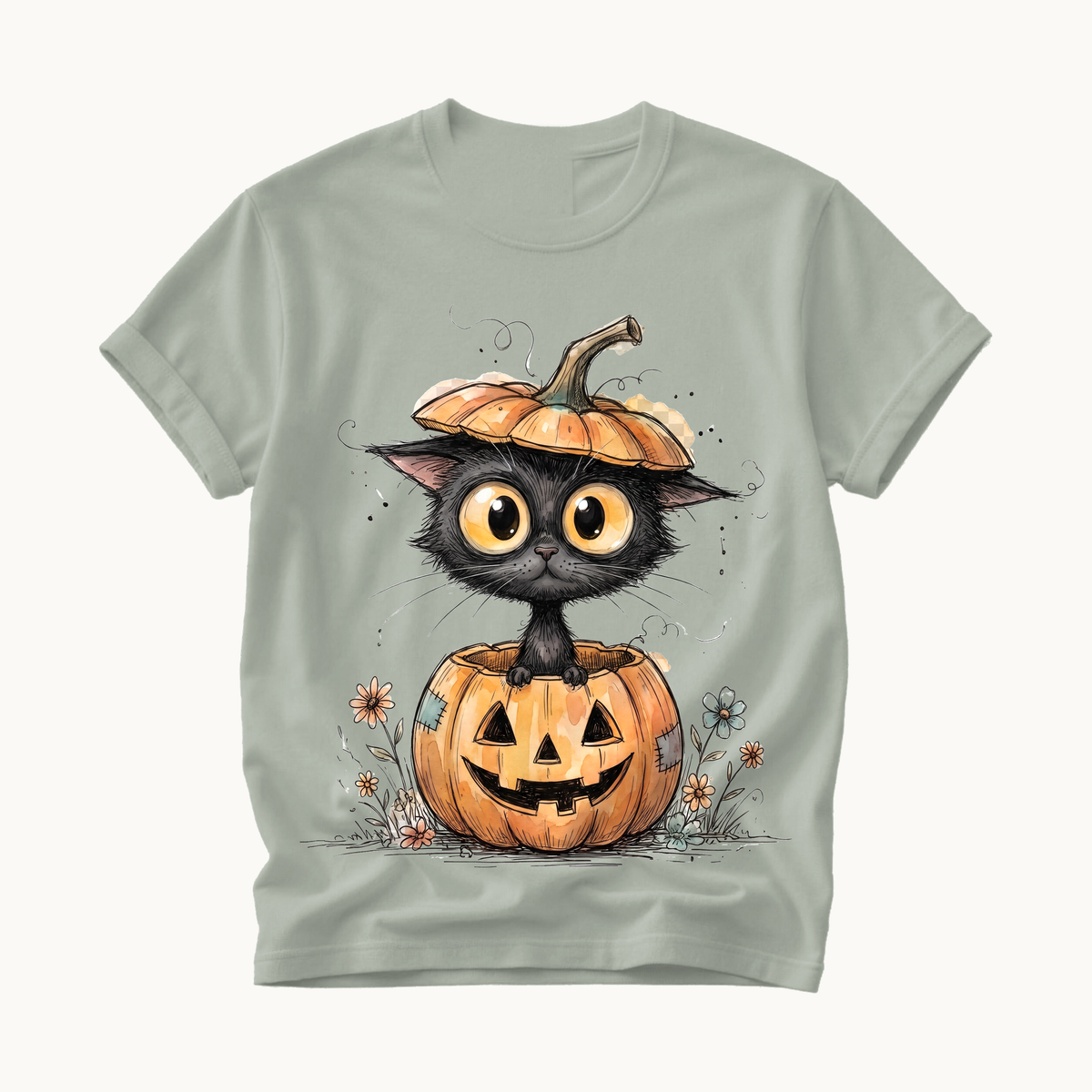 Cat in Pumpkin Shirt | Funny Halloween T-Shirt | Black Cat Jack-o-Lantern Tee