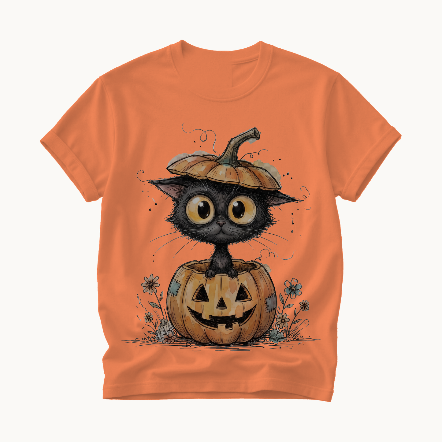 Cat in Pumpkin Shirt | Funny Halloween T-Shirt | Black Cat Jack-o-Lantern Tee