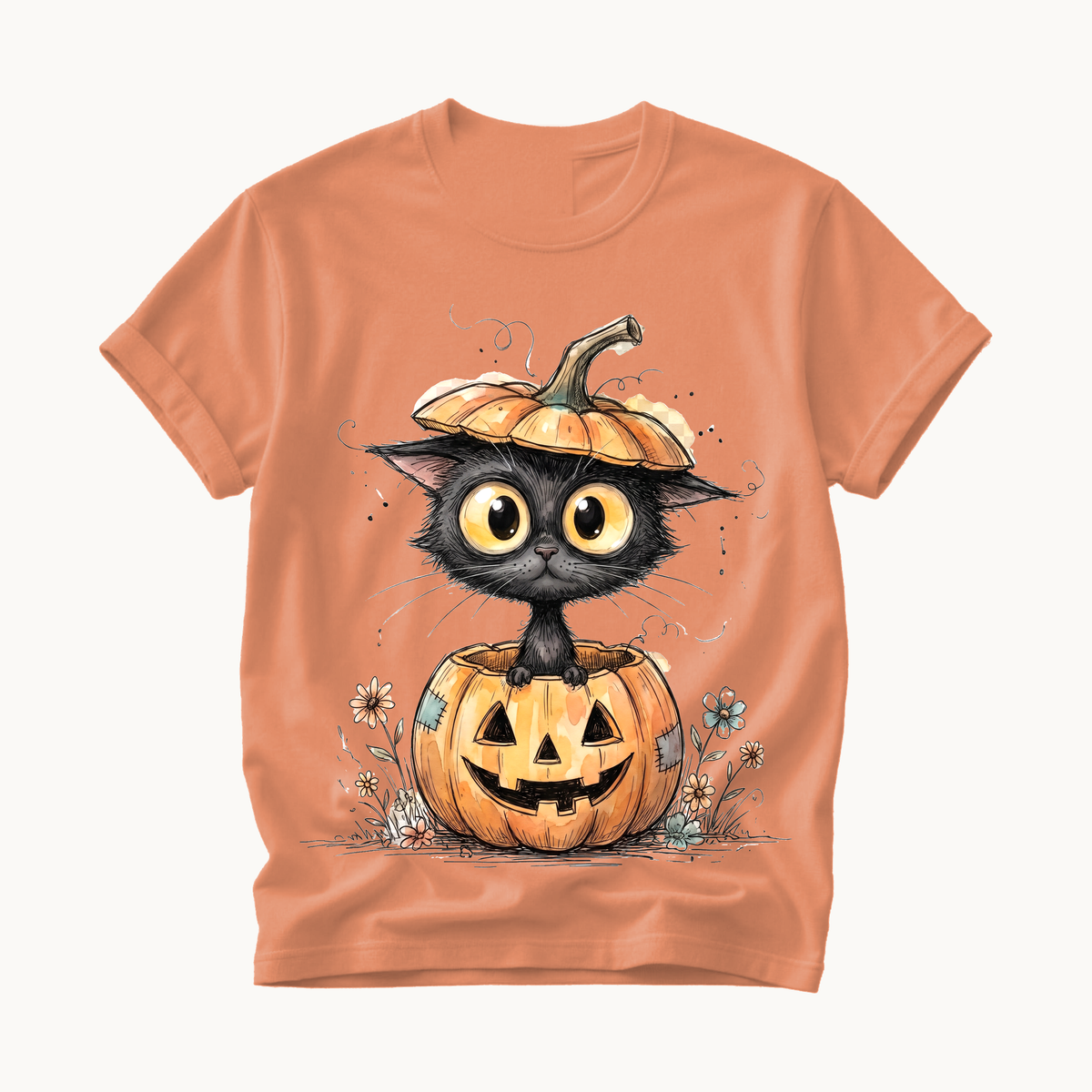 Cat in Pumpkin Shirt | Funny Halloween T-Shirt | Black Cat Jack-o-Lantern Tee