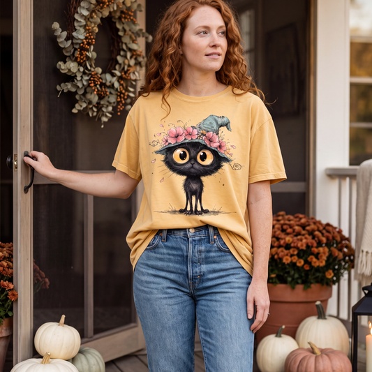 Black Cat Witch Hat Shirt | Cute Halloween T-Shirt for Women | Whimsical Spooky Season Tee