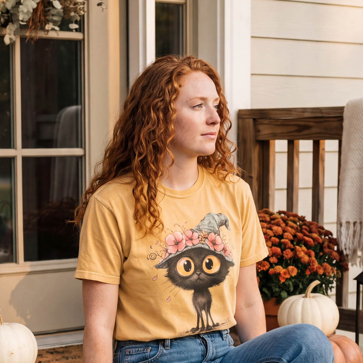 Black Cat Witch Hat Shirt | Cute Halloween T-Shirt for Women | Whimsical Spooky Season Tee