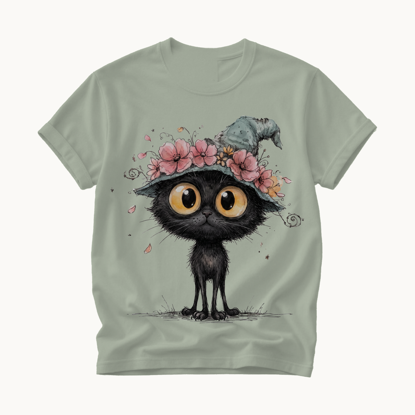 Black Cat Witch Hat Shirt | Cute Halloween T-Shirt for Women | Whimsical Spooky Season Tee