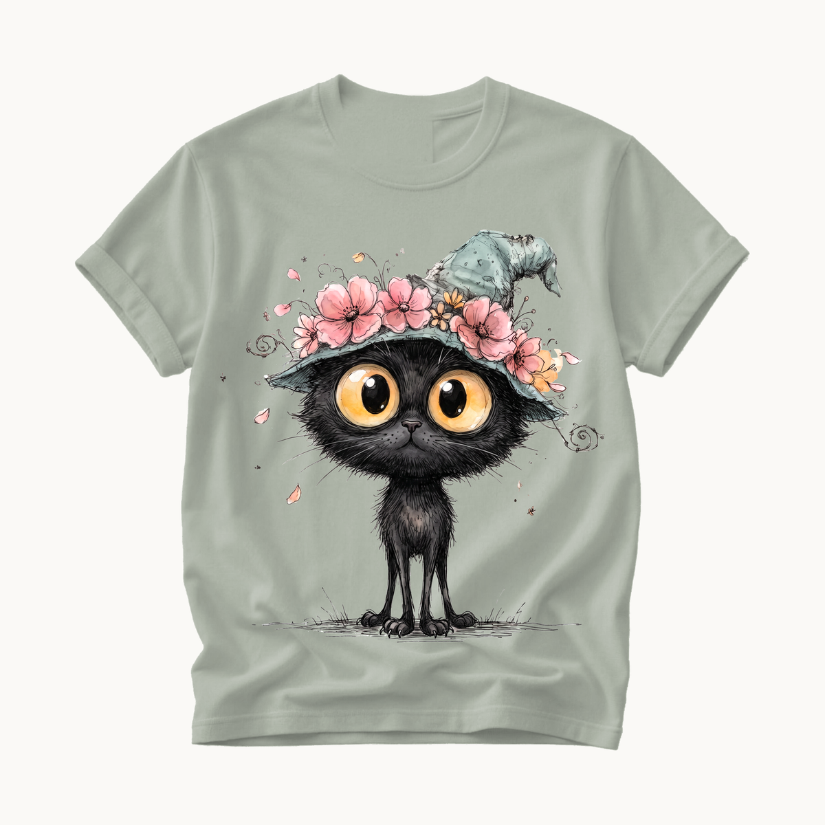 Black Cat Witch Hat Shirt | Cute Halloween T-Shirt for Women | Whimsical Spooky Season Tee