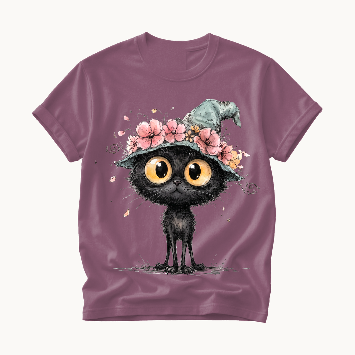 Black Cat Witch Hat Shirt | Cute Halloween T-Shirt for Women | Whimsical Spooky Season Tee