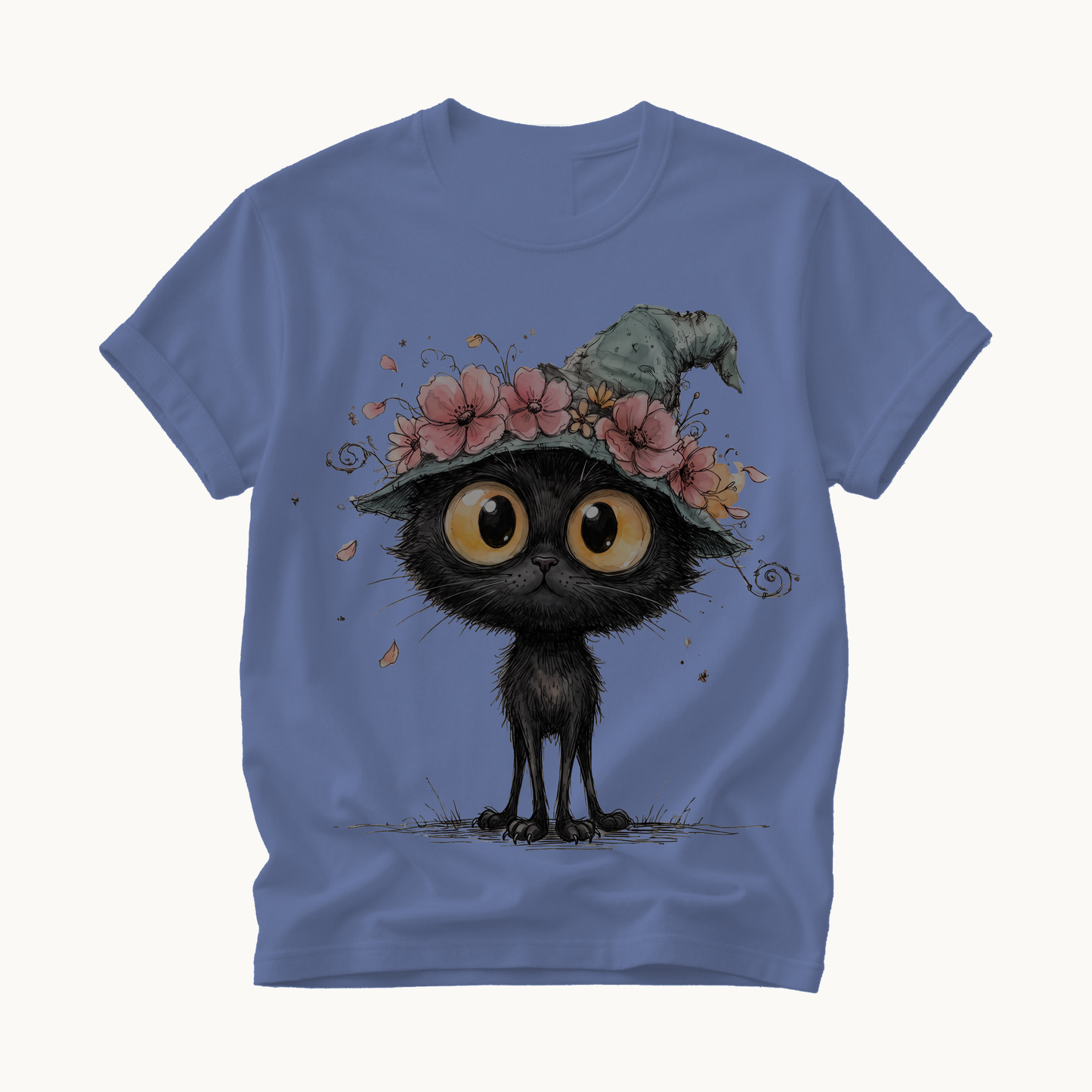 Black Cat Witch Hat Shirt | Cute Halloween T-Shirt for Women | Whimsical Spooky Season Tee