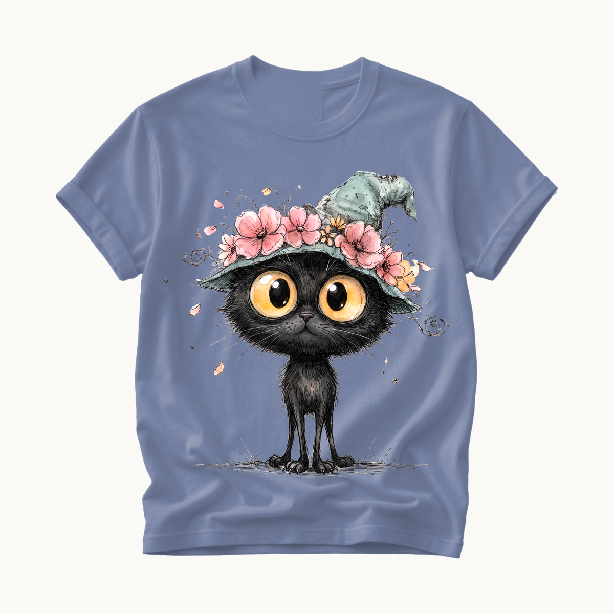 Black Cat Witch Hat Shirt | Cute Halloween T-Shirt for Women | Whimsical Spooky Season Tee