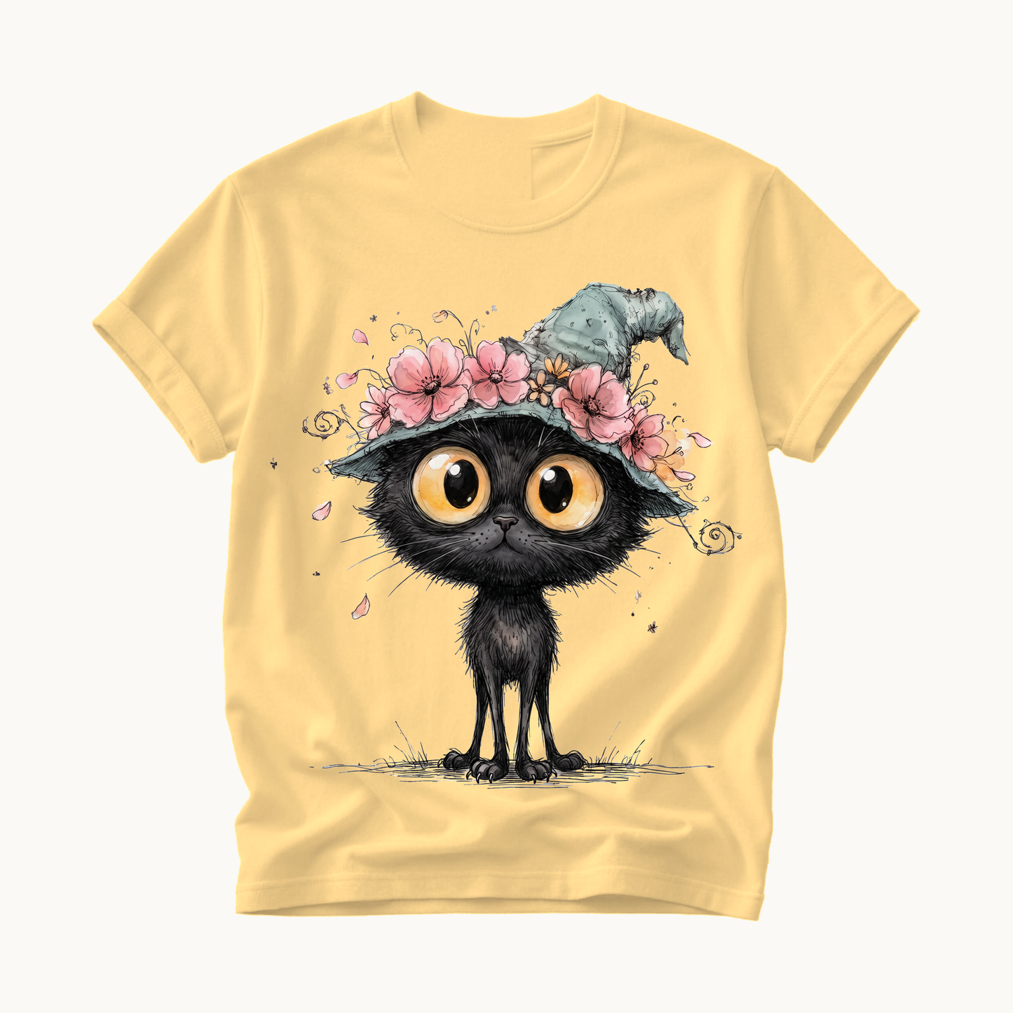 Black Cat Witch Hat Shirt | Cute Halloween T-Shirt for Women | Whimsical Spooky Season Tee