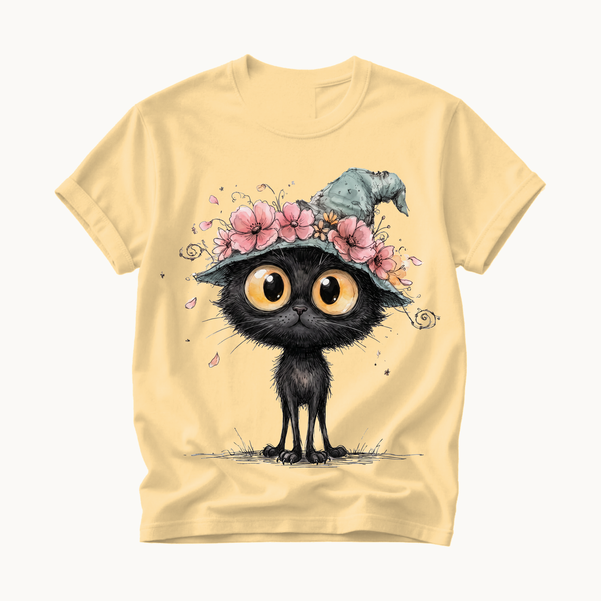 Black Cat Witch Hat Shirt | Cute Halloween T-Shirt for Women | Whimsical Spooky Season Tee