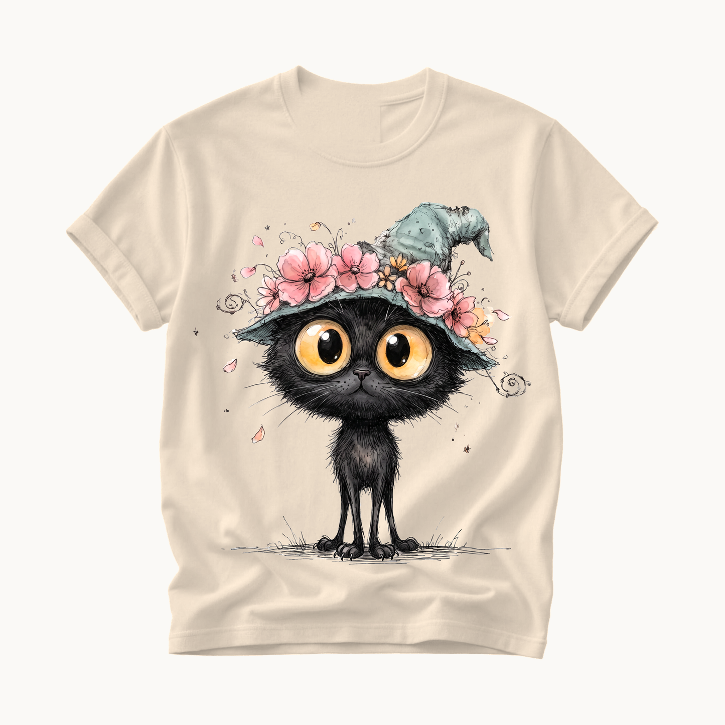 Black Cat Witch Hat Shirt | Cute Halloween T-Shirt for Women | Whimsical Spooky Season Tee