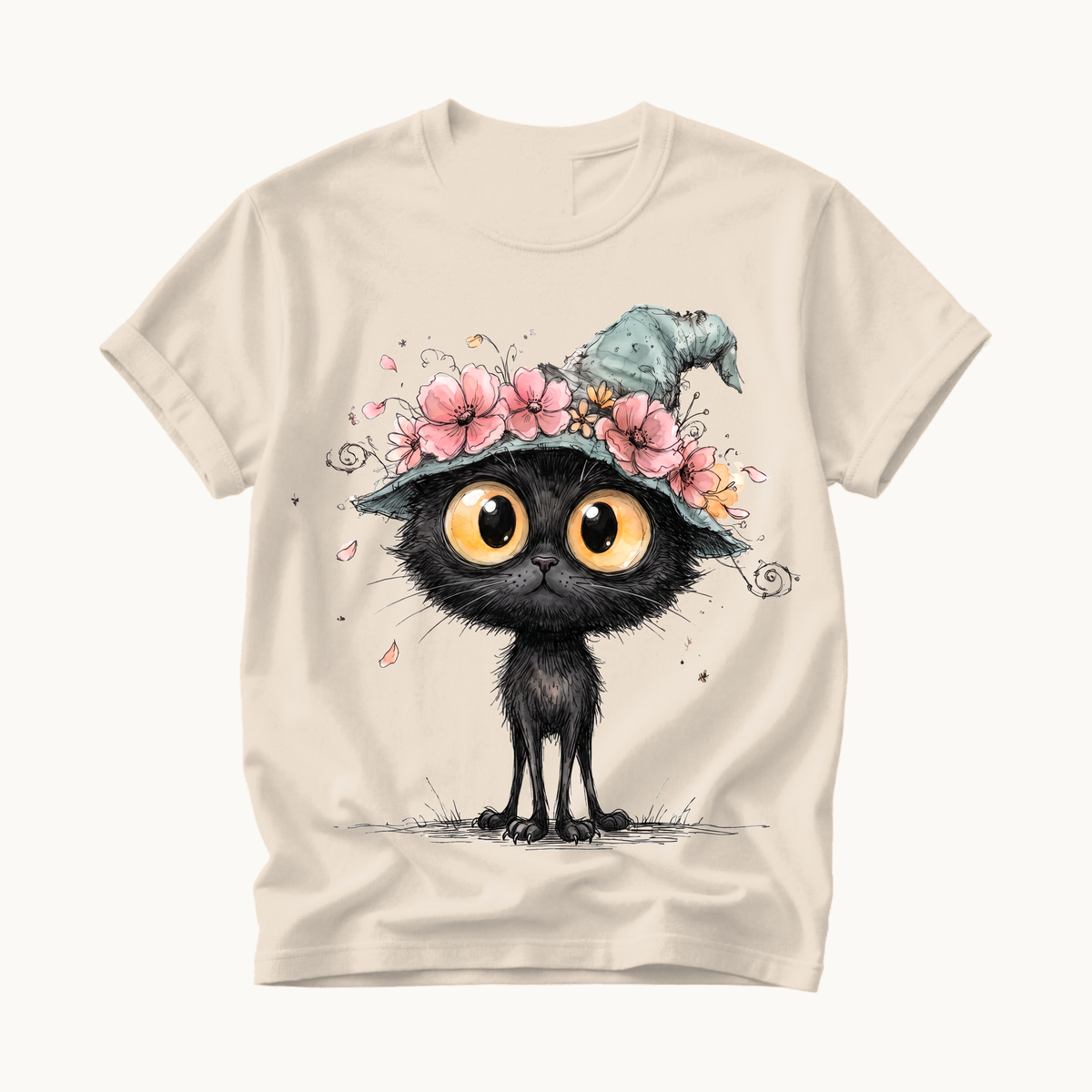 Black Cat Witch Hat Shirt | Cute Halloween T-Shirt for Women | Whimsical Spooky Season Tee