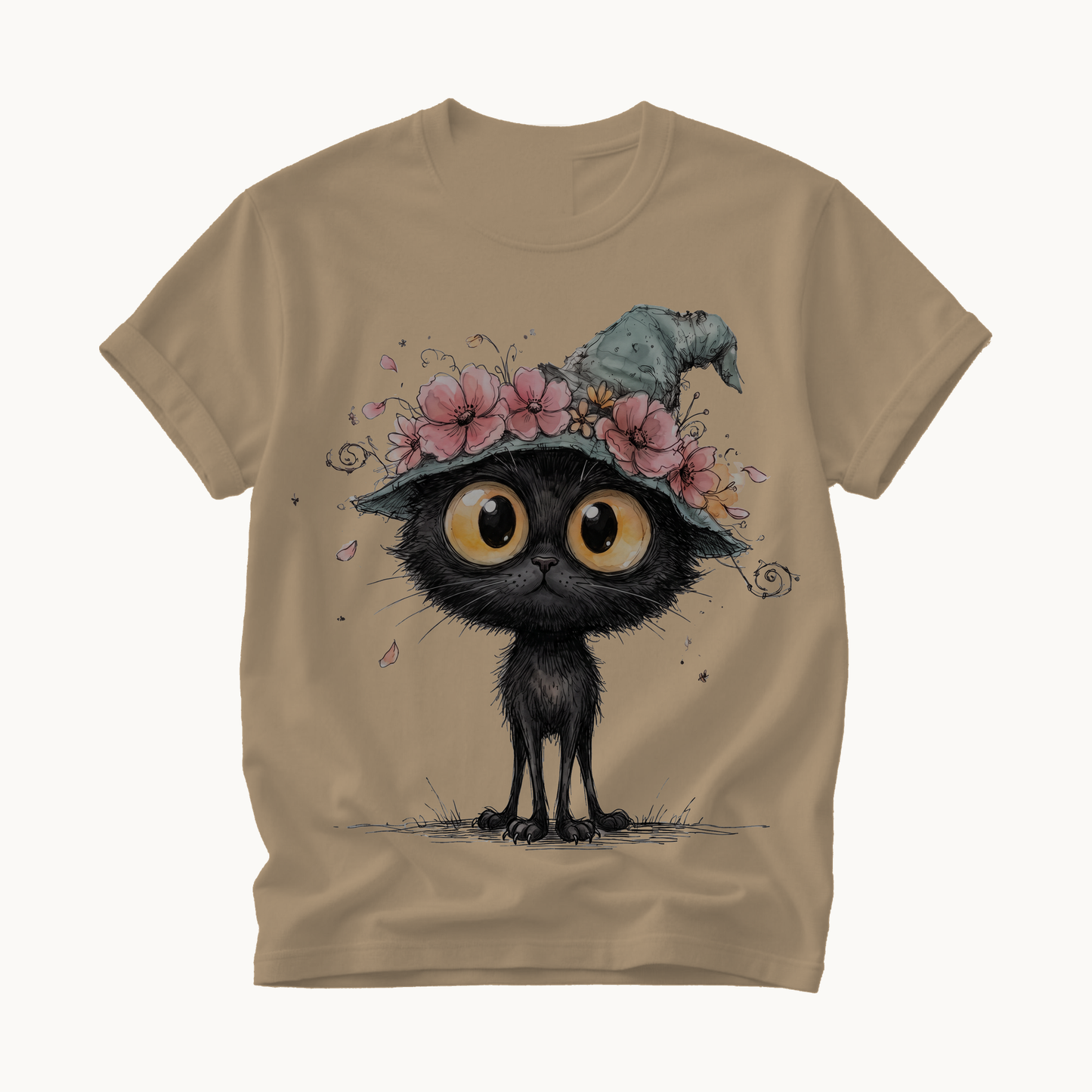 Black Cat Witch Hat Shirt | Cute Halloween T-Shirt for Women | Whimsical Spooky Season Tee