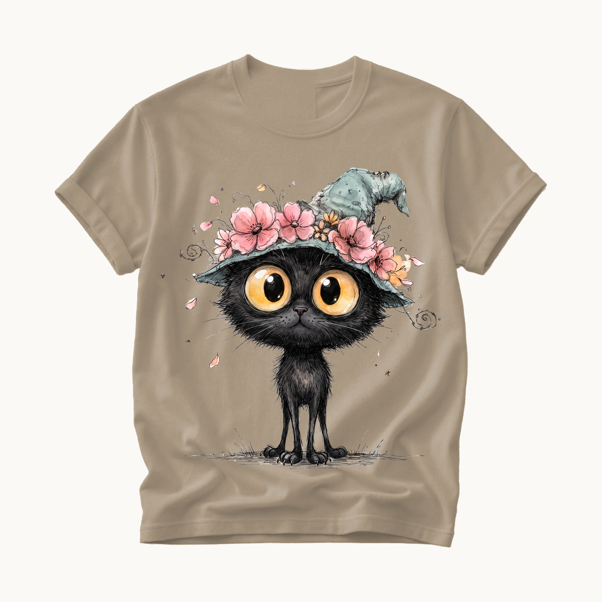 Black Cat Witch Hat Shirt | Cute Halloween T-Shirt for Women | Whimsical Spooky Season Tee