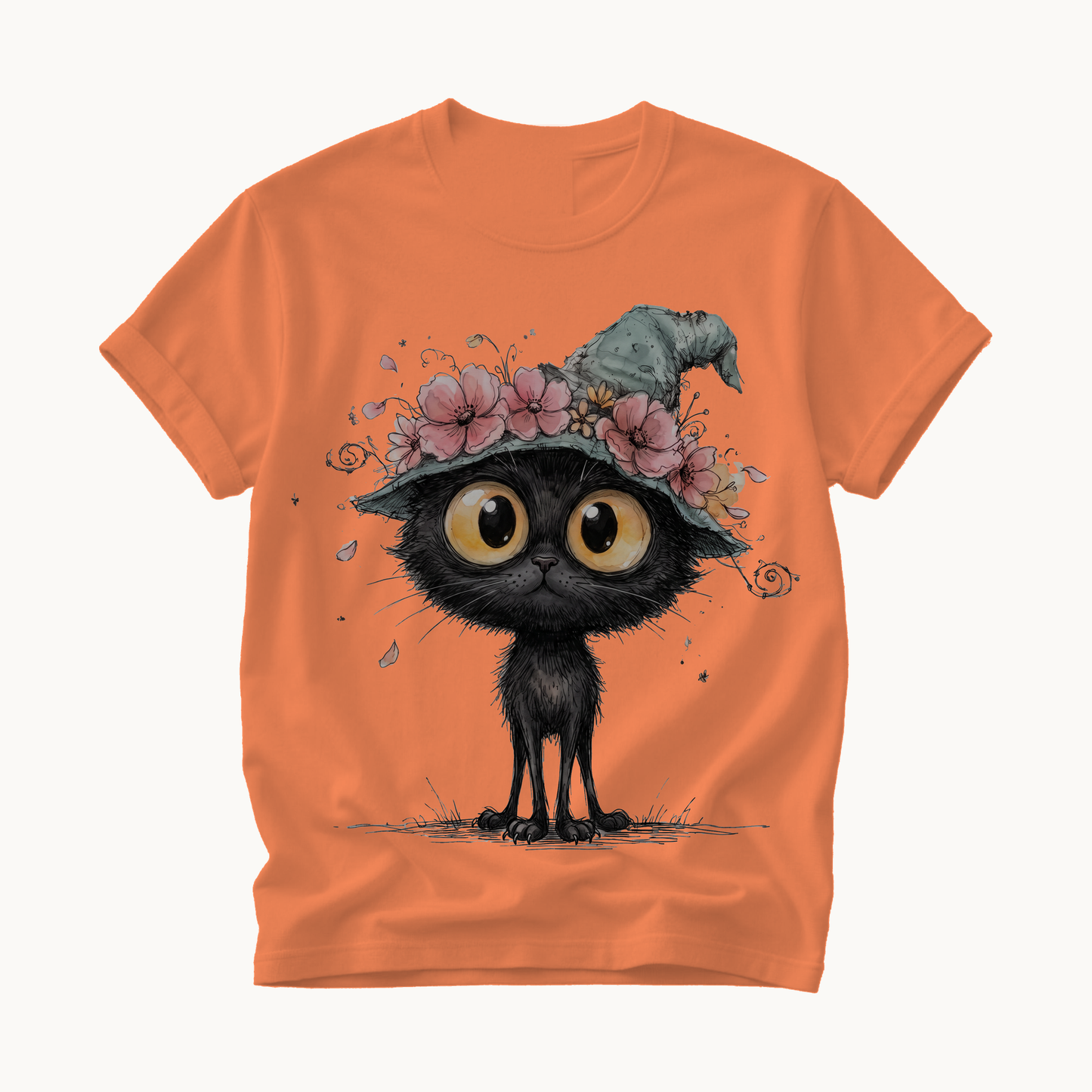 Black Cat Witch Hat Shirt | Cute Halloween T-Shirt for Women | Whimsical Spooky Season Tee