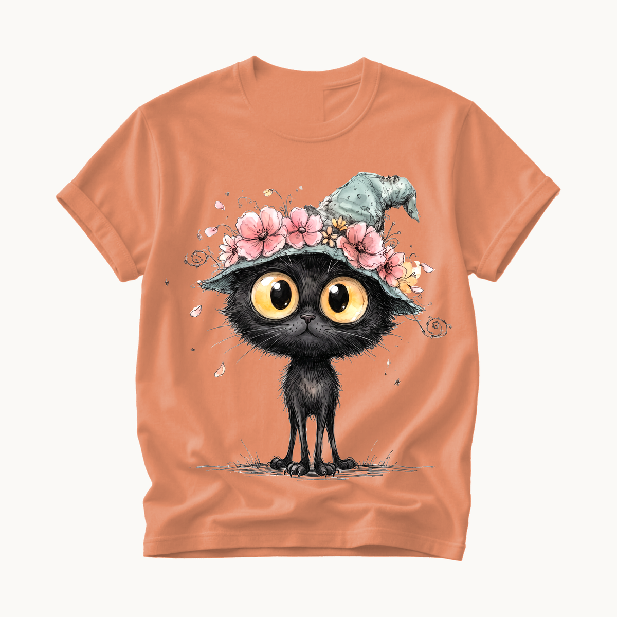 Black Cat Witch Hat Shirt | Cute Halloween T-Shirt for Women | Whimsical Spooky Season Tee