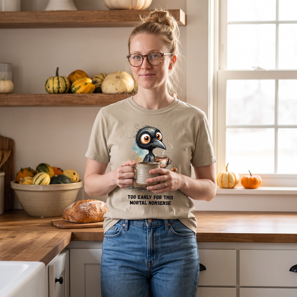 Too Early For This Mortal Nonsense Shirt | Funny Raven Coffee T-Shirt | Halloween Coffee Tee
