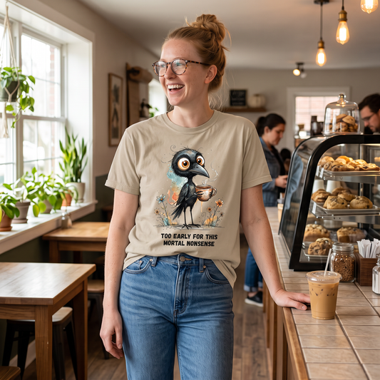 Too Early For This Mortal Nonsense Shirt | Funny Raven Coffee T-Shirt | Halloween Coffee Tee