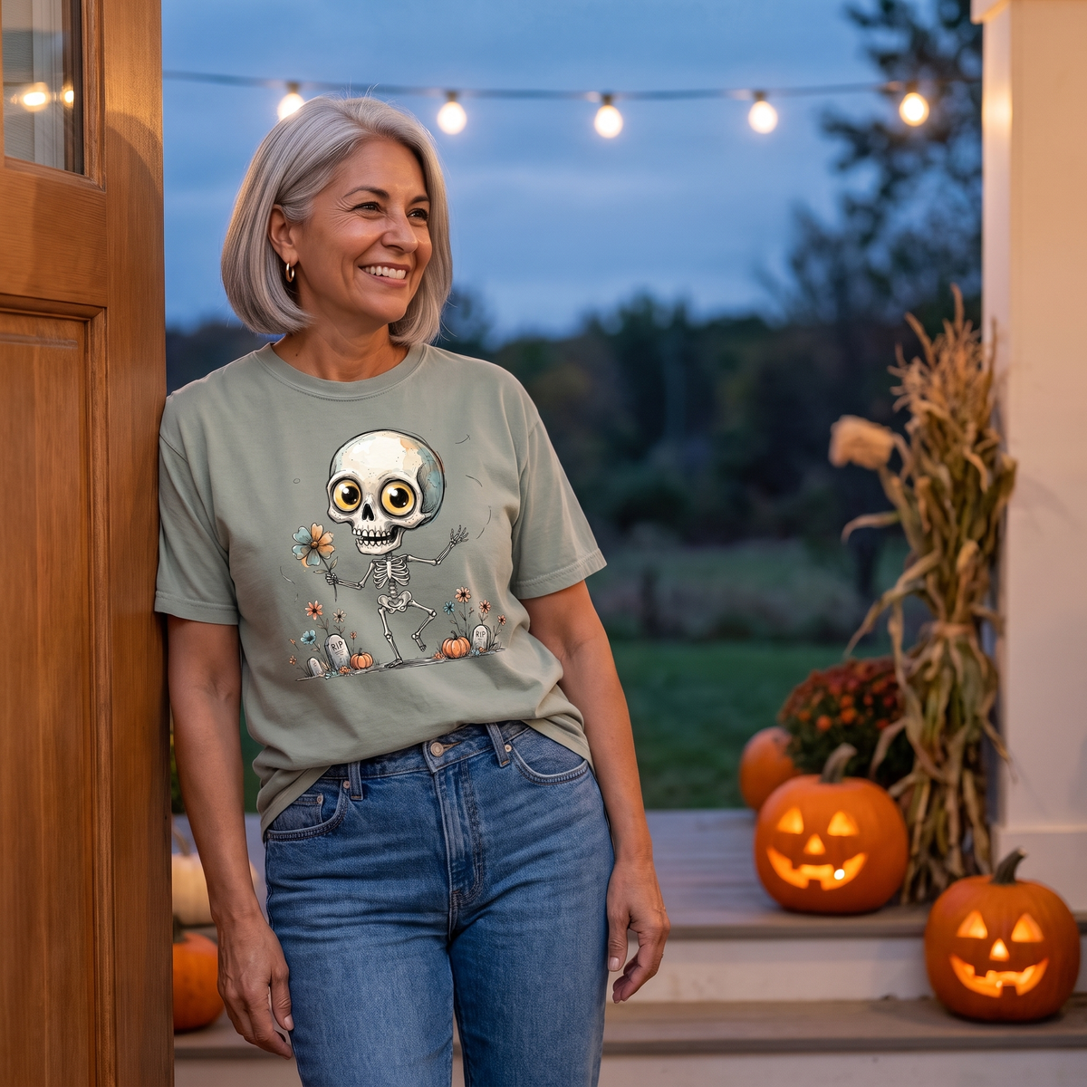 Dancing Skeleton Shirt | Cute Halloween T-Shirt for Women | Whimsical Skeleton Flower Tee