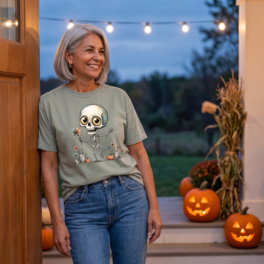 Dancing Skeleton Shirt | Cute Halloween T-Shirt for Women | Whimsical Skeleton Flower Tee