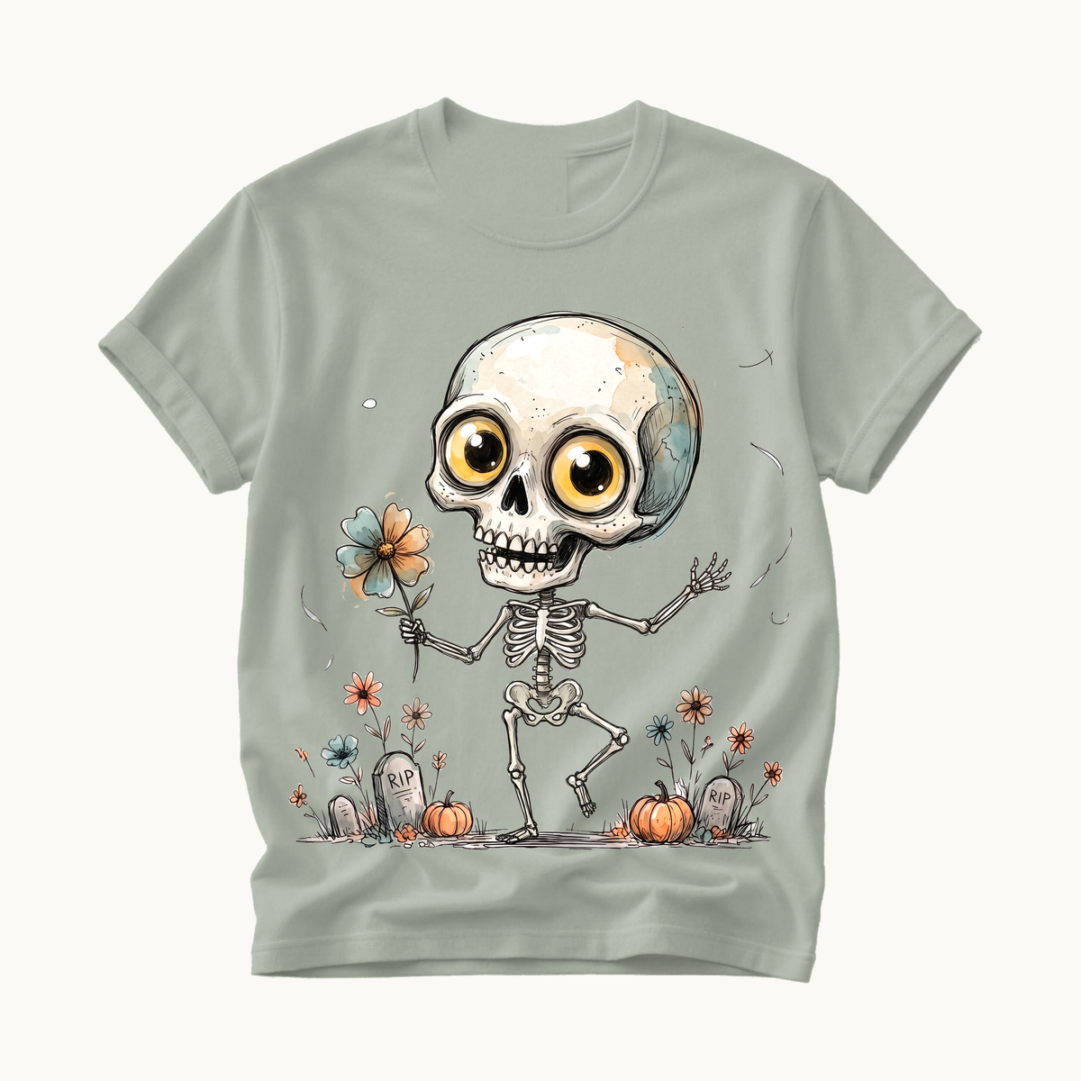 Dancing Skeleton Shirt | Cute Halloween T-Shirt for Women | Whimsical Skeleton Flower Tee