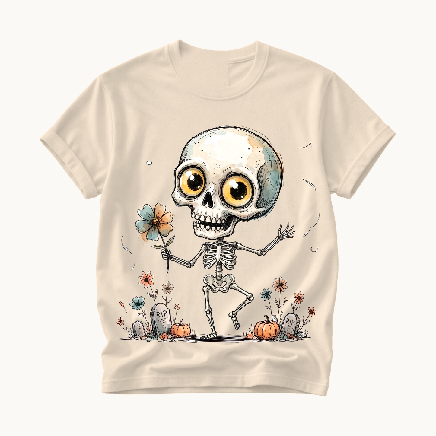 Dancing Skeleton Shirt | Cute Halloween T-Shirt for Women | Whimsical Skeleton Flower Tee
