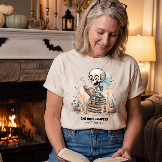 One More Chapter Shirt | Funny Book Lover Halloween T-Shirt | Skeleton Reading Tee