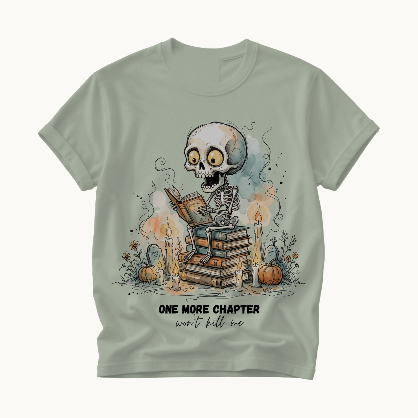One More Chapter Shirt | Funny Book Lover Halloween T-Shirt | Skeleton Reading Tee