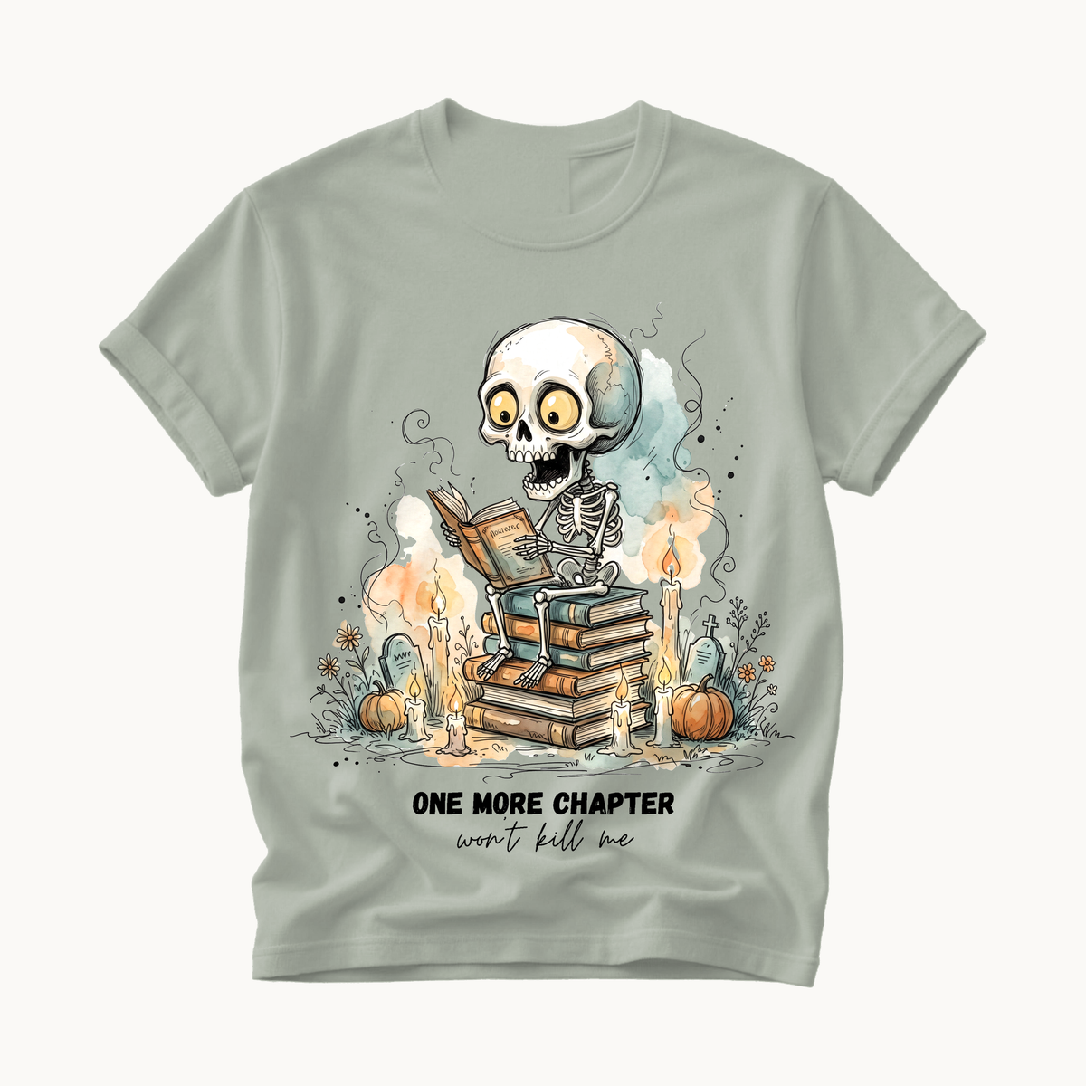One More Chapter Shirt | Funny Book Lover Halloween T-Shirt | Skeleton Reading Tee