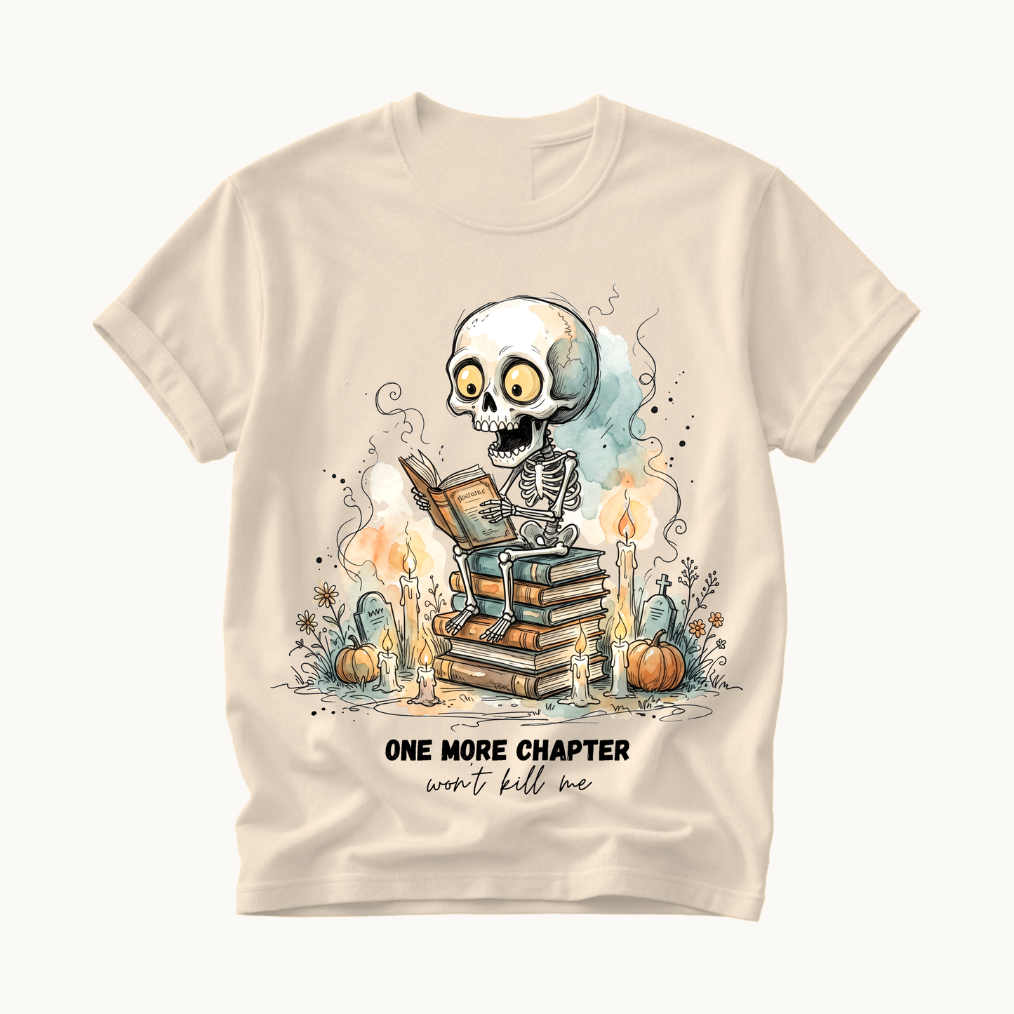 One More Chapter Shirt | Funny Book Lover Halloween T-Shirt | Skeleton Reading Tee
