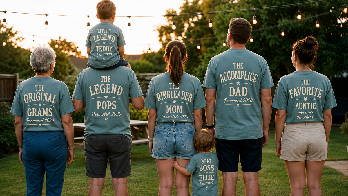 A family at a reunion, backs to camera, each shirt with their own name and role