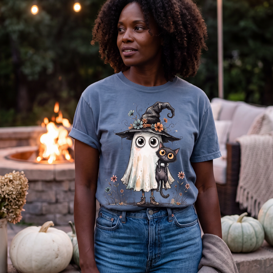 Ghost and Black Cat Shirt | Cute Halloween T-Shirt Women | Witchy Whimsical Tee
