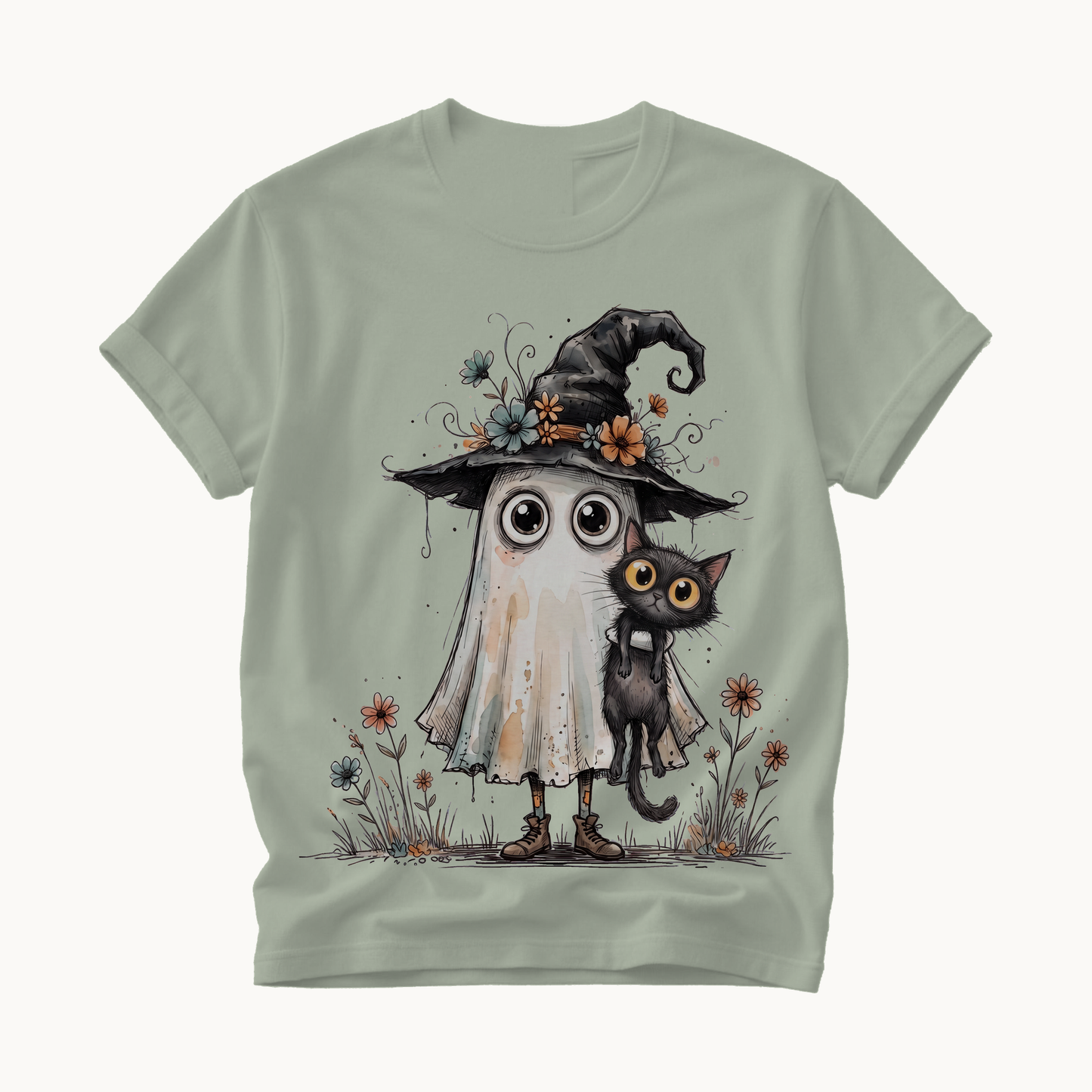 Ghost and Black Cat Shirt | Cute Halloween T-Shirt Women | Witchy Whimsical Tee