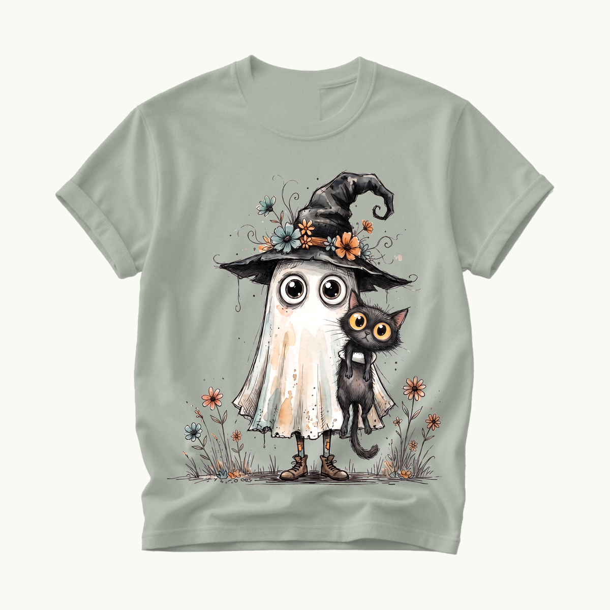 Ghost and Black Cat Shirt | Cute Halloween T-Shirt Women | Witchy Whimsical Tee