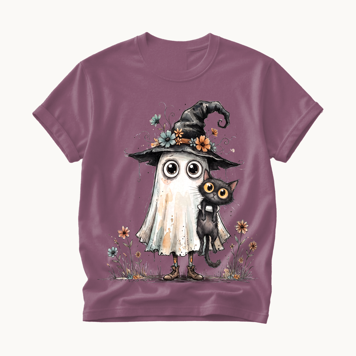Ghost and Black Cat Shirt | Cute Halloween T-Shirt Women | Witchy Whimsical Tee
