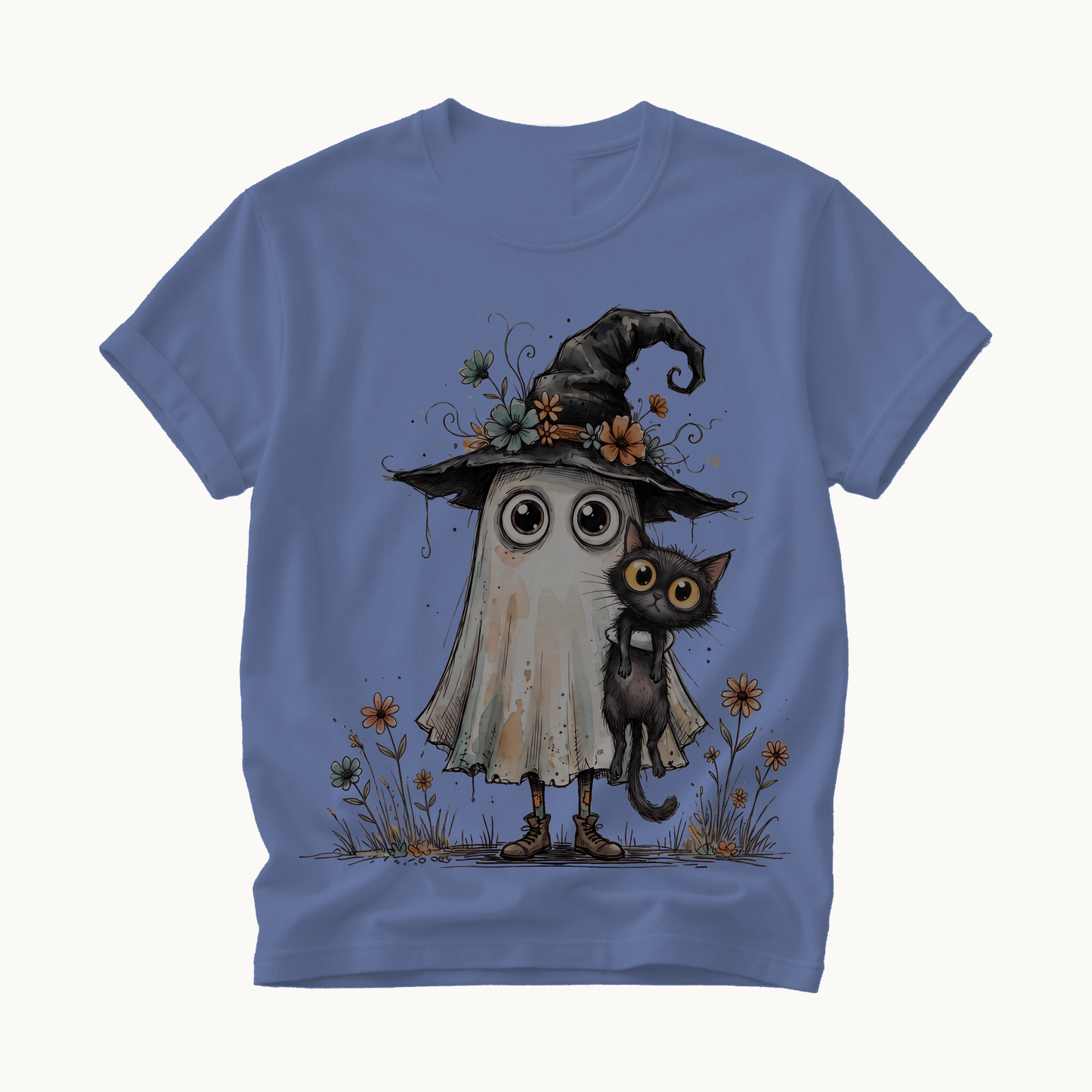 Ghost and Black Cat Shirt | Cute Halloween T-Shirt Women | Witchy Whimsical Tee