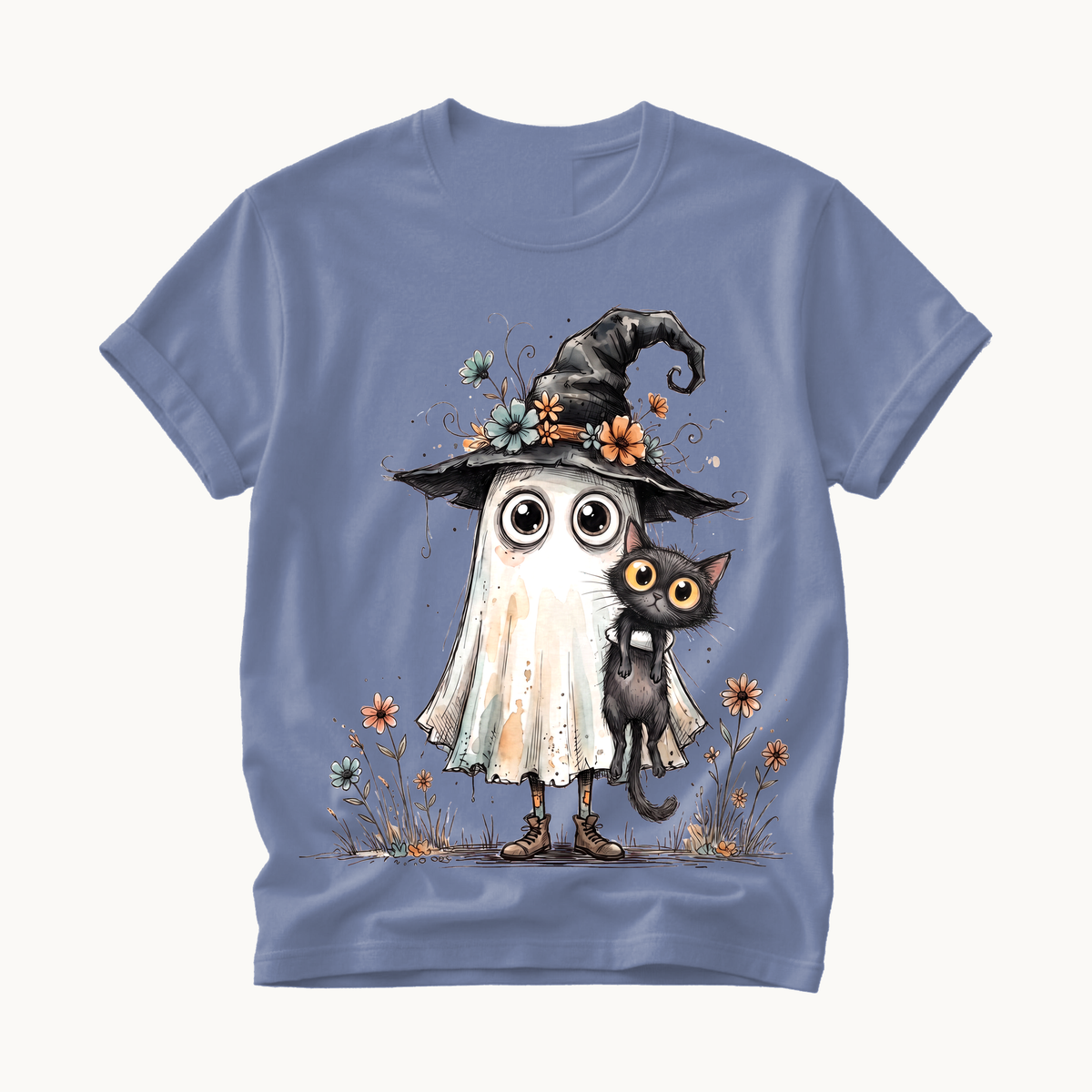 Ghost and Black Cat Shirt | Cute Halloween T-Shirt Women | Witchy Whimsical Tee