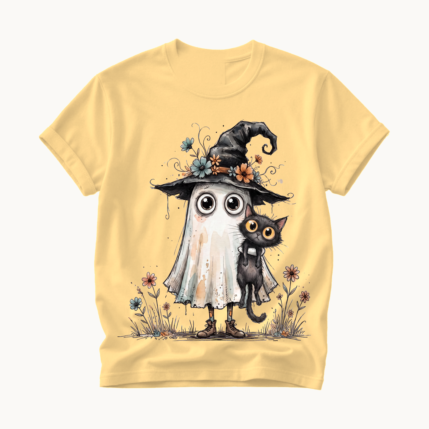 Ghost and Black Cat Shirt | Cute Halloween T-Shirt Women | Witchy Whimsical Tee
